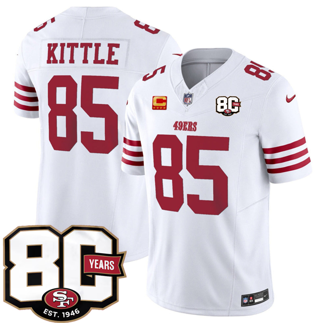 Men's White San Francisco 49ers #85 George kittle 80th Anniversary Patch And 4-Star C Patch 2026 F.U.S.E. Vapor Untouchabl2026 F.U.S.E. Vapor Untouchable Limited Stitched Football Jersey